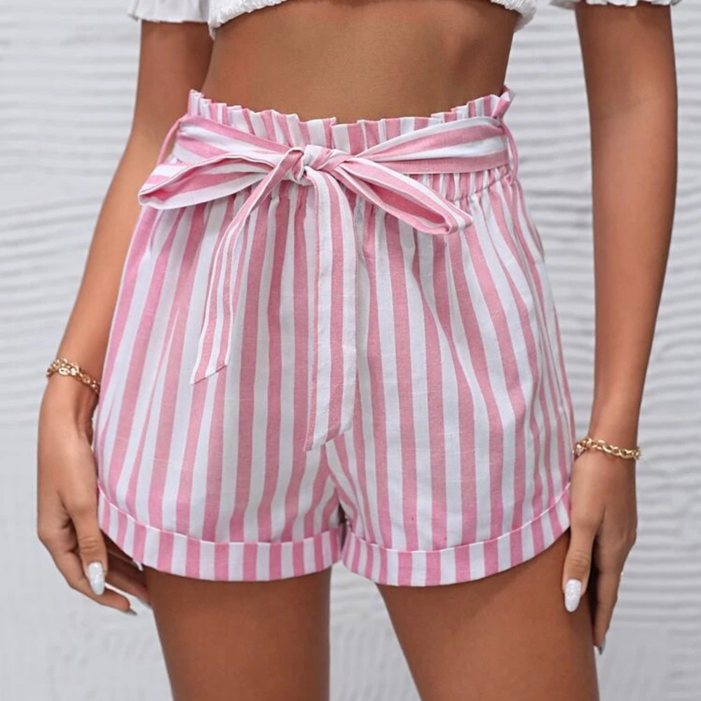 Boho Rolled Hem Self Belted paper bag Striped Shorts green white preppy - Picture 6 of 6